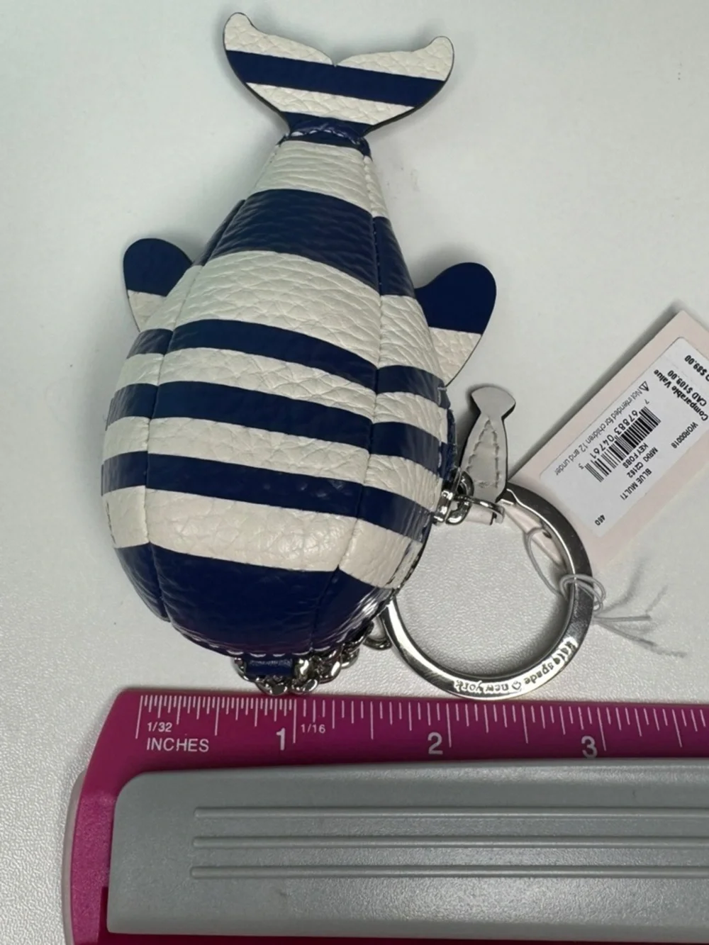 Kate Spade Navy & White Striped Whale Shore Leather Coin Purse Keychain Fob